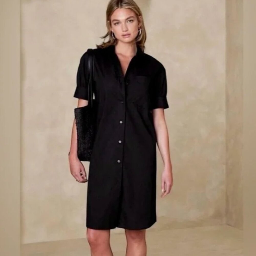 Banana Republic Black Poplin Knee-Length Shirtdress Size Small